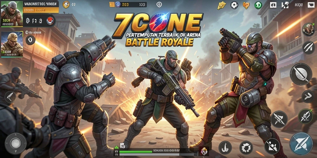 Screenshot gameplay 7CONE menampilkan pertempuran sengit di arena Battle Royale.