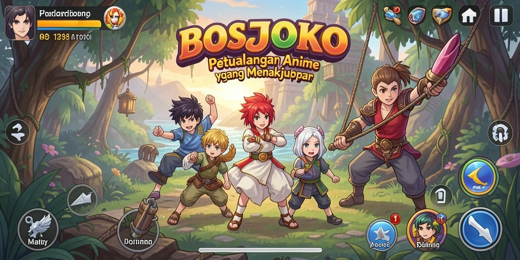 Tampilan gameplay BOSJOKO dengan karakter anime yang menarik.