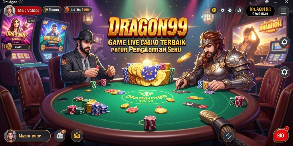 Screenshot gameplay DRAGON99 menampilkan dealer dan pemain berinteraksi di meja kasino.